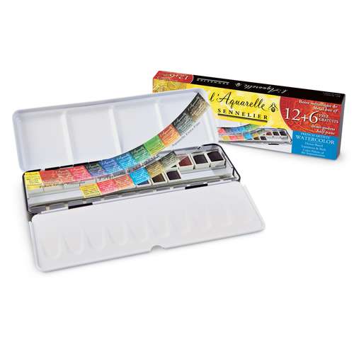 Coffret de 12 + 6 1/2 godets d'aquarelle extra-fine Sennelier 