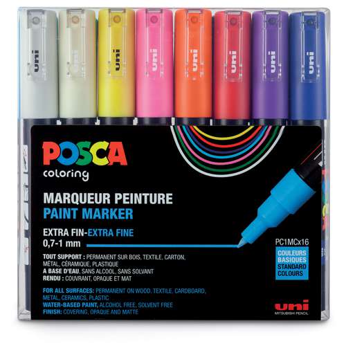UNI POSCA Marker Set PC-1MC, Pigmentmarker 16 kleuren 
