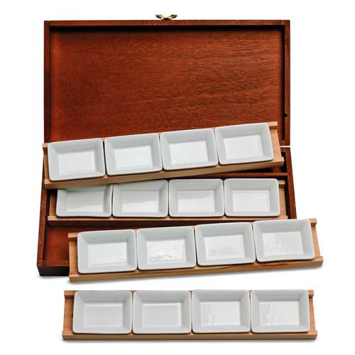 BLOCKX | Aquarelkist ○ hout  — met 16 lege porceleinen nappen 