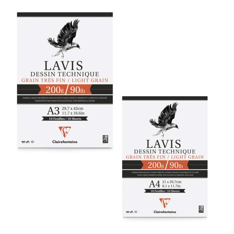 Lavis technique de Clairefontaine, 50 cm x 65 cm, 200 g/m², 200 g/m² - grain léger - 10 feuilles, Paquet